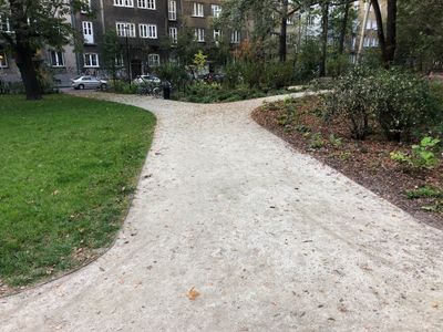 Rozwidlenie alejek przy kamienicach, Park Krakowski w Krakowie