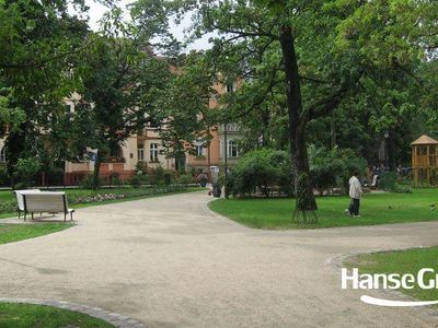 Szeroka alejka z ławką, park przy molo w Sopocie